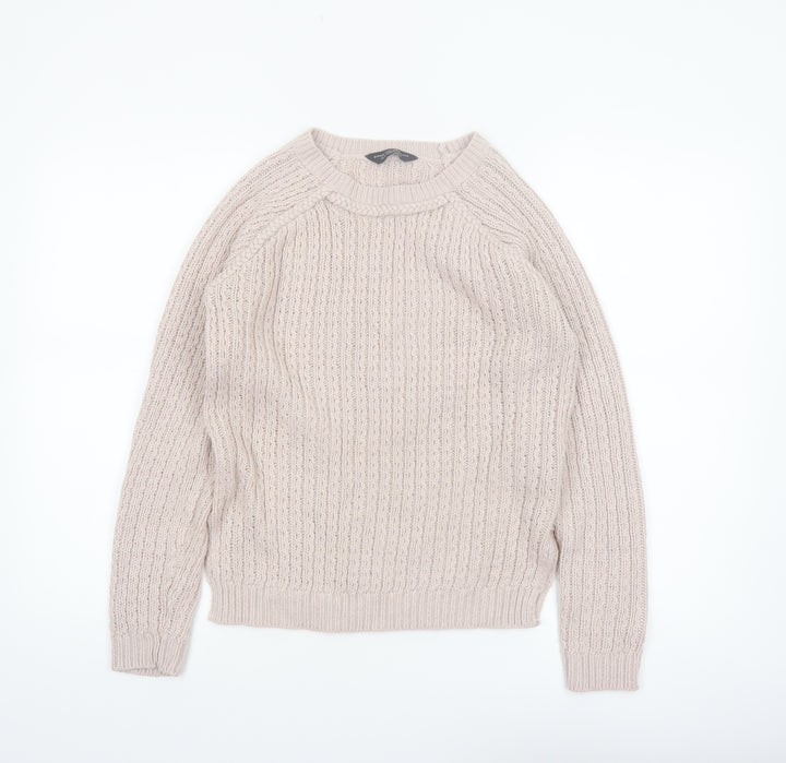 Dorothy Perkins Women Beige Cable-Knit Jumper Size 12 Acrylic Crew Neck