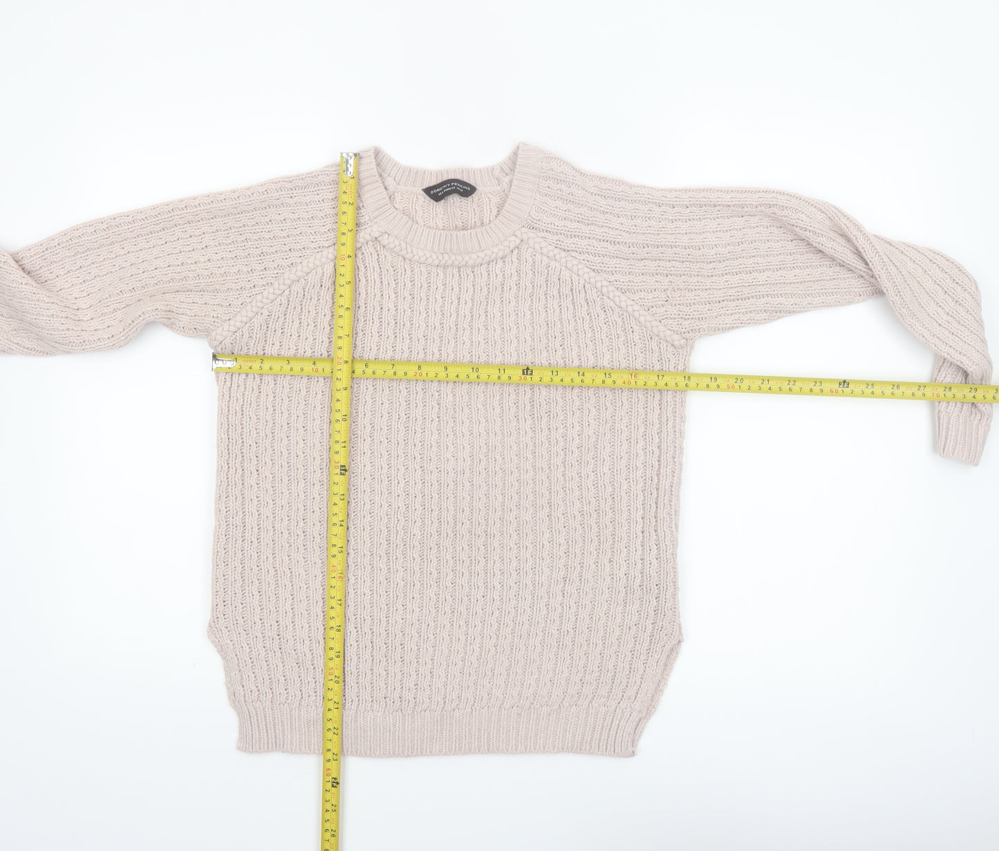 Dorothy Perkins Women Beige Cable-Knit Jumper Size 12 Acrylic Crew Neck