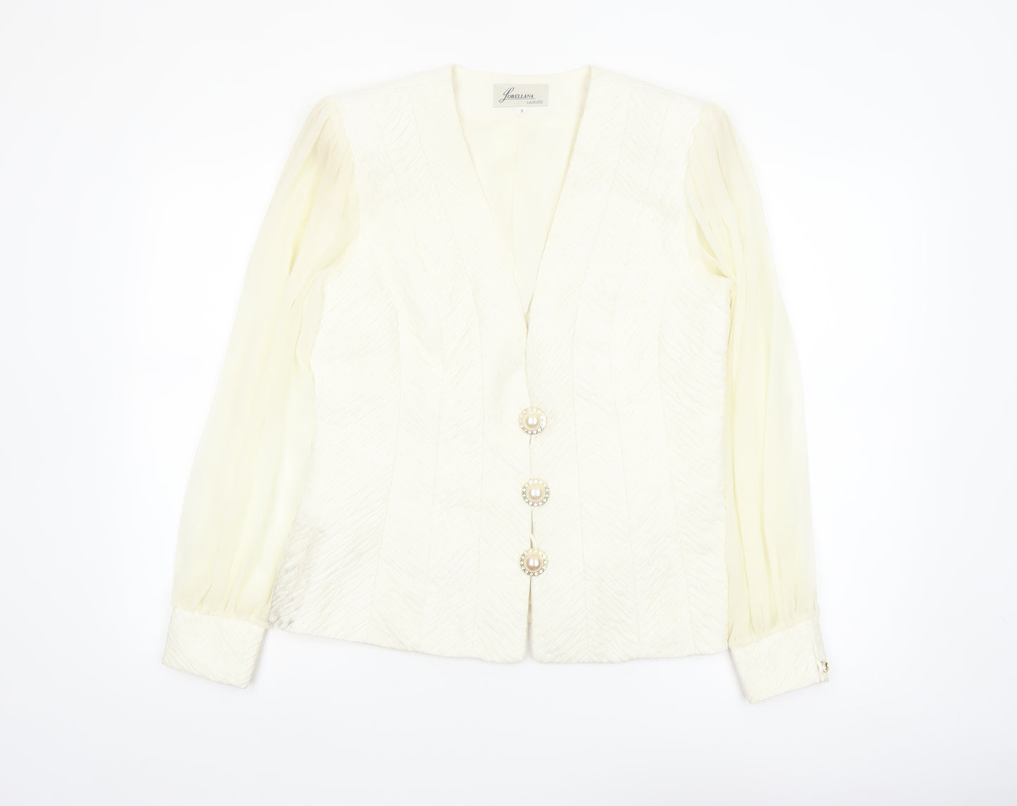 Lorellana Women’s Ivory Long Sleeve Beaded Button Blouse Size 8