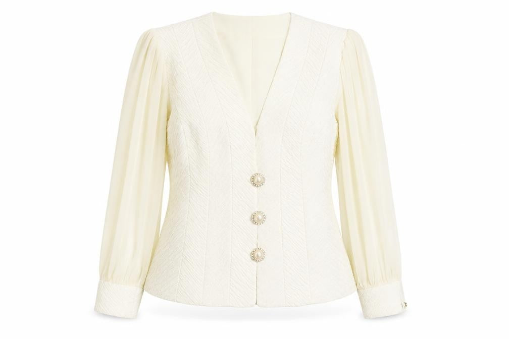 Front view of Lorellana Women’s Ivory Long Sleeve Beaded Button Blouse, size UK 8
