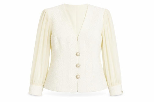 Front view of Lorellana Women’s Ivory Long Sleeve Beaded Button Blouse, size UK 8
