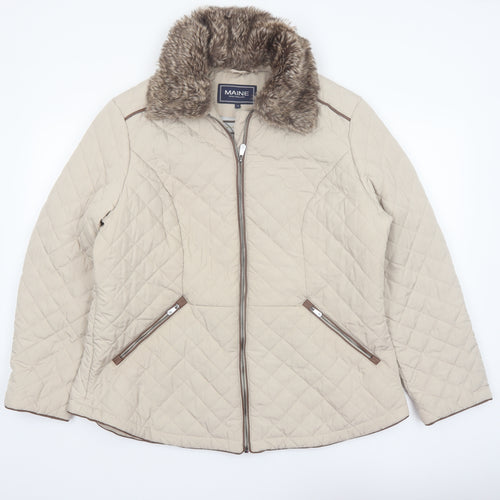 Maine New England Women's Beige Quilted Jacket Size 20 Faux Fur Collar