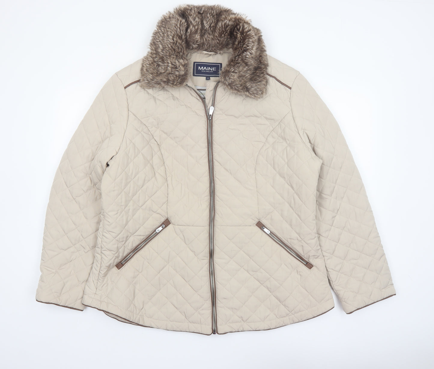 Maine New England Women's Beige Quilted Jacket Size 20 Faux Fur Collar