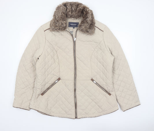Maine New England Women's Beige Quilted Jacket Size 20 Faux Fur Collar
