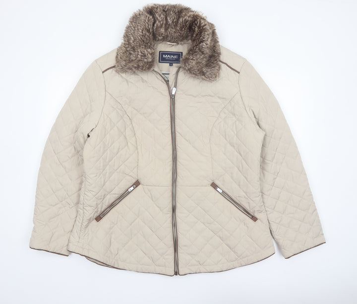 Maine New England Women's Beige Quilted Jacket Size 20 Faux Fur Collar