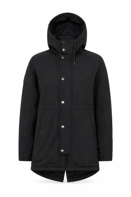Front view of Superdry Women's Black Parka Jacket, size S, Hooded Water Resistant