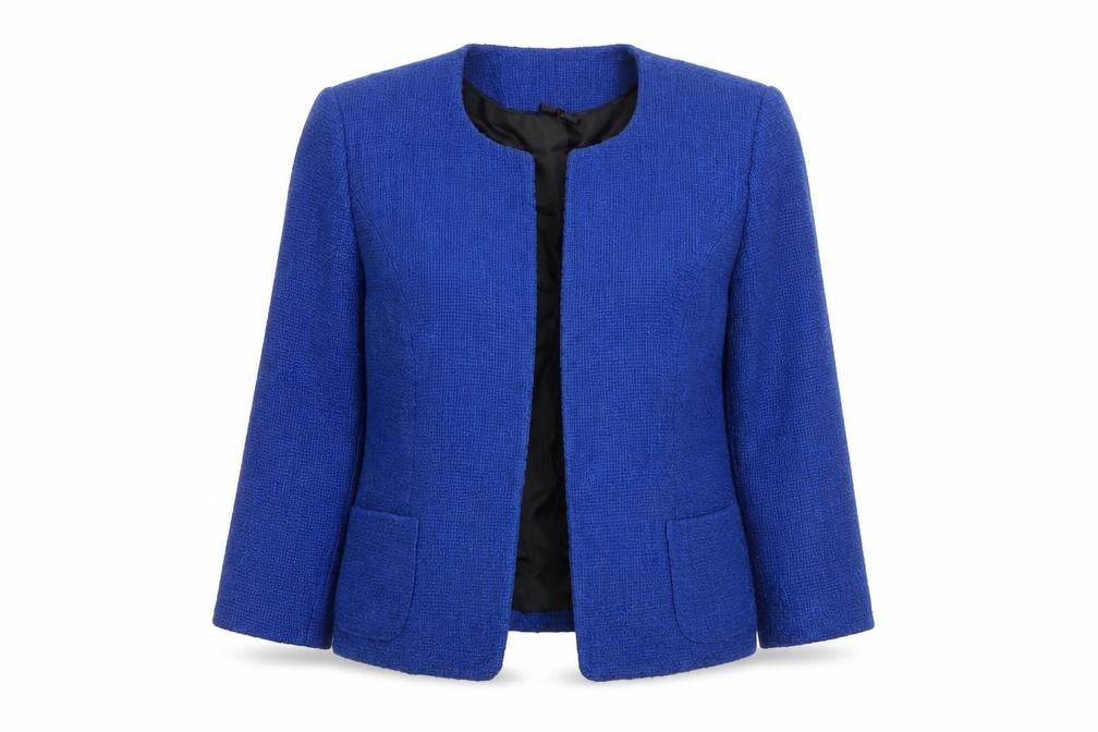 Front view of Precis Women's Blue Bouclé Cropped Blazer Jacket UK 14