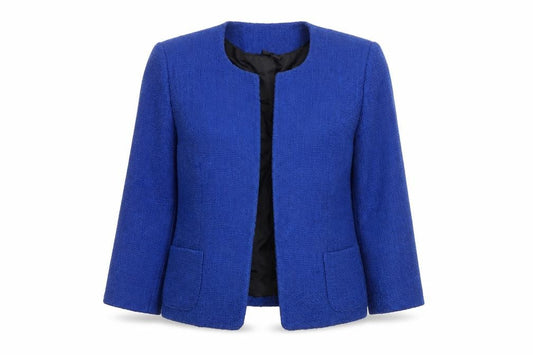 Front view of Precis Women's Blue Bouclé Cropped Blazer Jacket UK 14