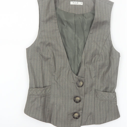 Vila Women’s Grey Pinstripe Waistcoat Size S Lined Belted