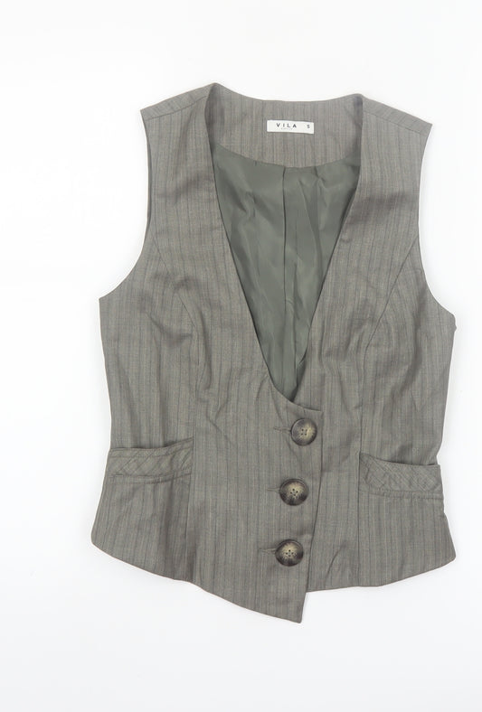 Vila Women’s Grey Pinstripe Waistcoat Size S Lined Belted