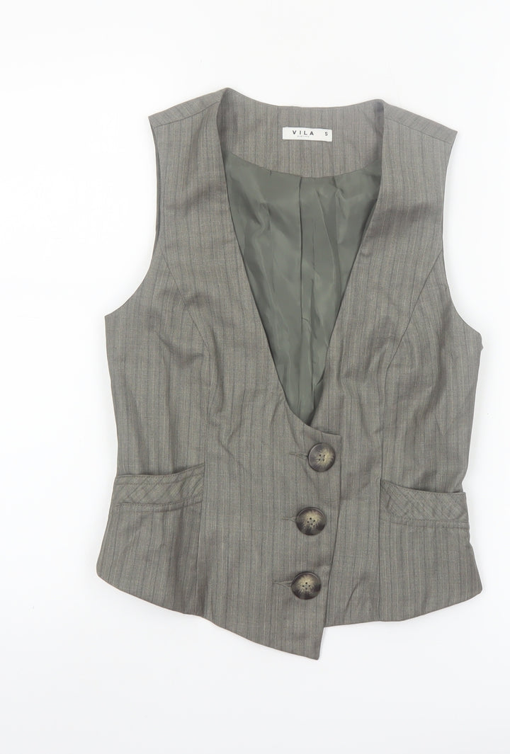 Vila Women’s Grey Pinstripe Waistcoat Size S Lined Belted