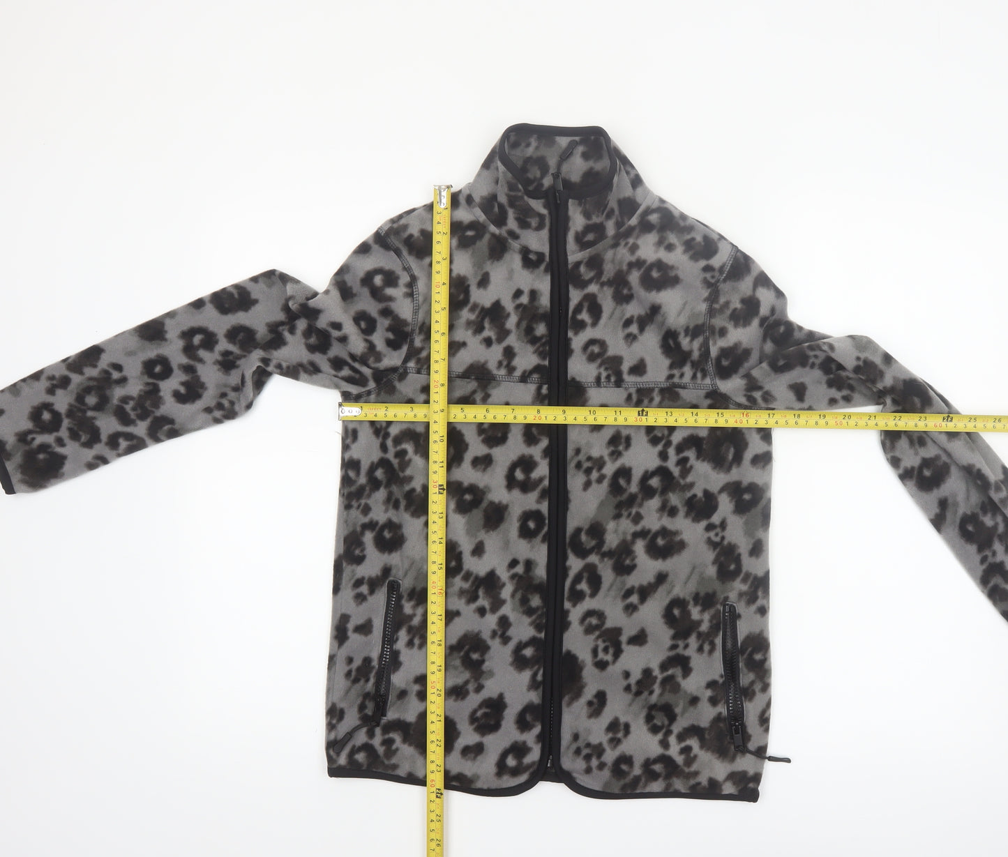 Tu Women's Grey Leopard Print Fleece Zip Jacket Size 8