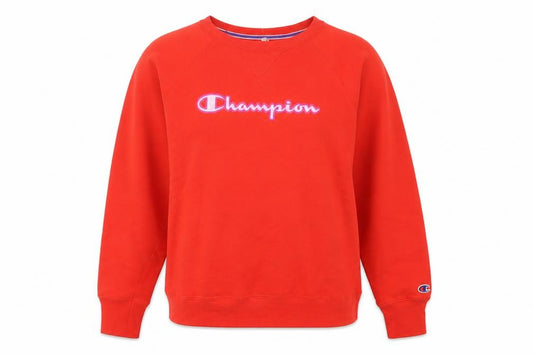 Front view of Champion women’s red pullover sweatshirt medium logo crew neck