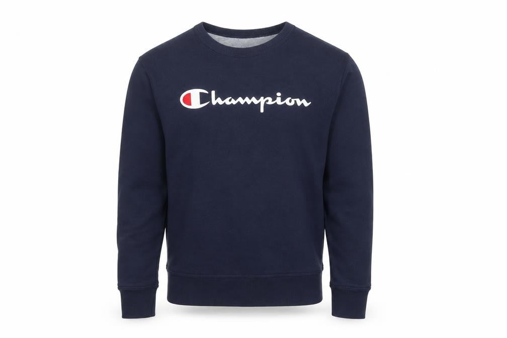 Front view of Champion Men's Navy Crew Neck Sweatshirt, size S, Cotton Blend