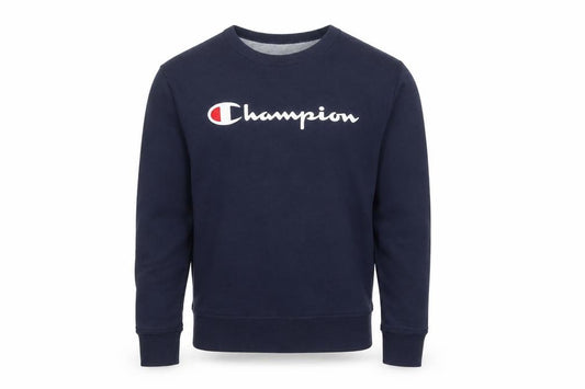 Front view of Champion Men's Navy Crew Neck Sweatshirt, size S, Cotton Blend