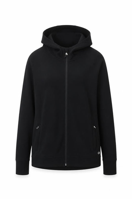 Front view of GapFit Women’s Black Full Zip Hoodie, size UK 14 L, Cotton Blend
