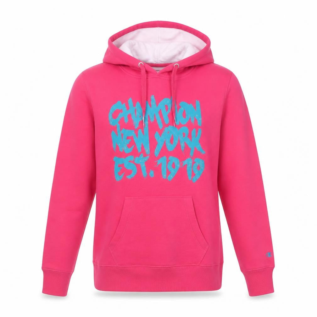 Front view of Champion Women's Pink Heritage Fit Graphic Pullover Hoodie, size M