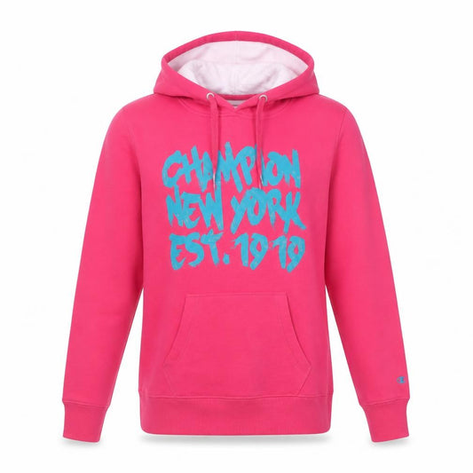 Front view of Champion Women's Pink Heritage Fit Graphic Pullover Hoodie, size M