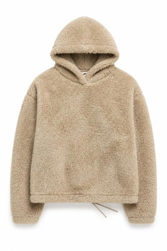 Front view of H&M women’s beige pullover hoodie, size UK 12, fleece hooded sweatshirt