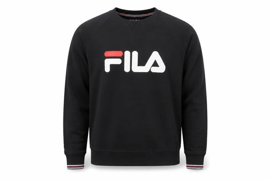 Front view of Fila Men's Black Logo Crew Neck Pullover Sweatshirt, size L