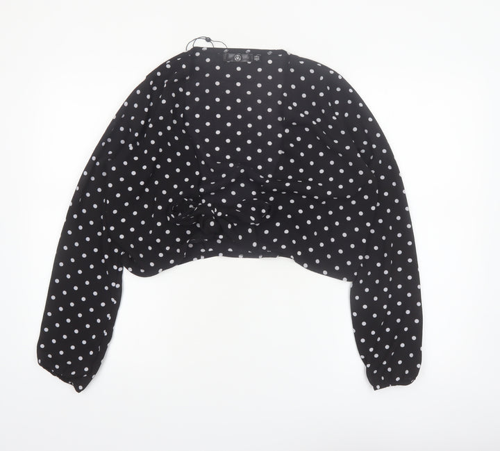 Motel Women's Black Polka Dot Cropped Blouse UK 12 Long Sleeve Tie Front