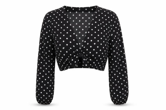 Front view of Motel Rocks Women's Black Polka Dot Cropped Blouse UK 12 Long Sleeve Tie Front