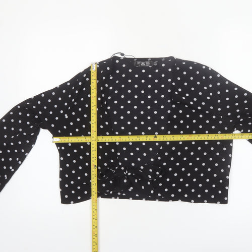Motel Women's Black Polka Dot Cropped Blouse UK 12 Long Sleeve Tie Front