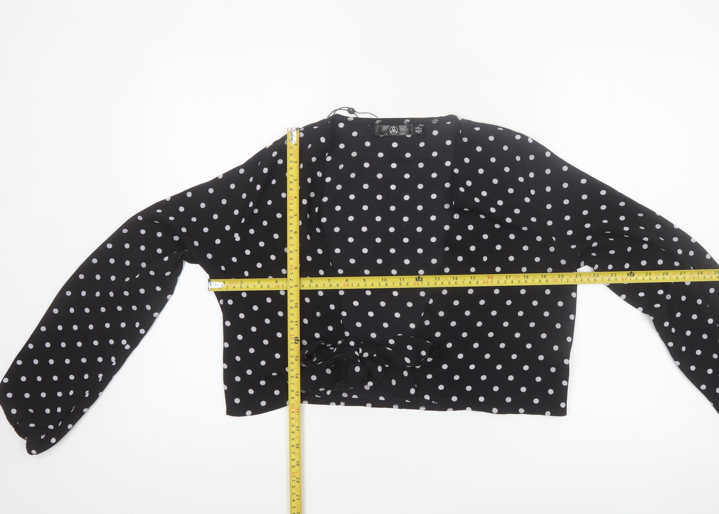 Motel Women's Black Polka Dot Cropped Blouse UK 12 Long Sleeve Tie Front
