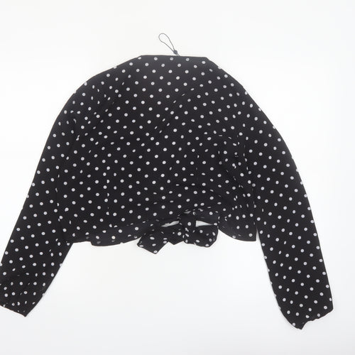 Motel Women's Black Polka Dot Cropped Blouse UK 12 Long Sleeve Tie Front