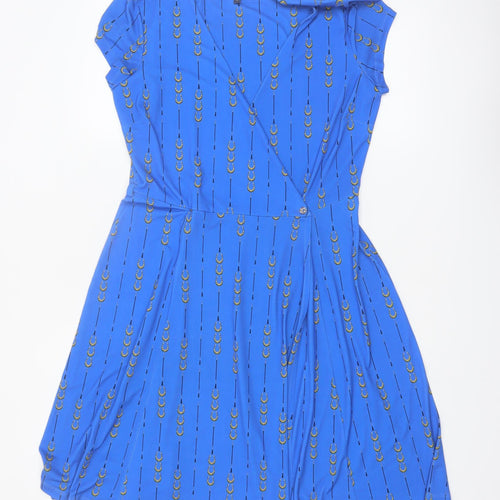 Sosandar Women Blue Size 12 Wrap Dress Short Sleeve V-Neck