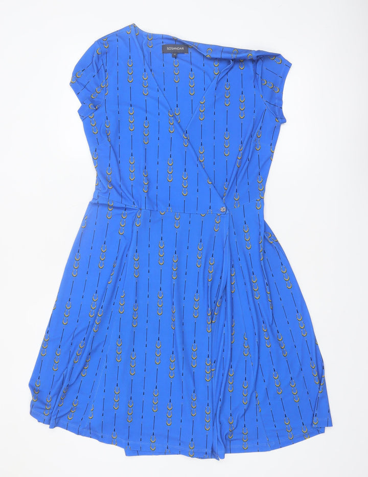 Sosandar Women Blue Size 12 Wrap Dress Short Sleeve V-Neck