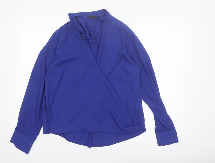 River Island Women's Blue Wrap V-Neck Long Sleeve Blouse Size 12