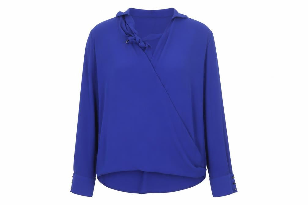 Front view of River Island Women's Blue Wrap V-Neck Long Sleeve Blouse, size 12