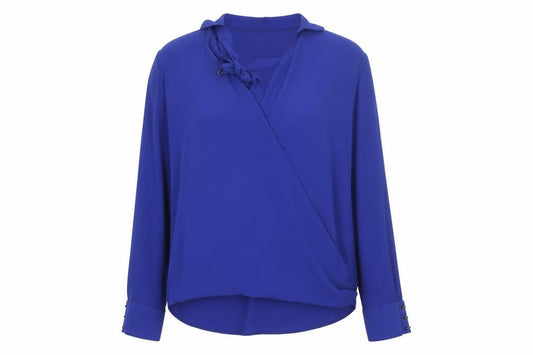 Front view of River Island Women's Blue Wrap V-Neck Long Sleeve Blouse, size 12
