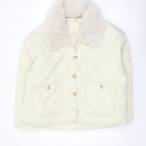 River Island Women Ivory Quilted Faux Fur Collar Jacket Size 14