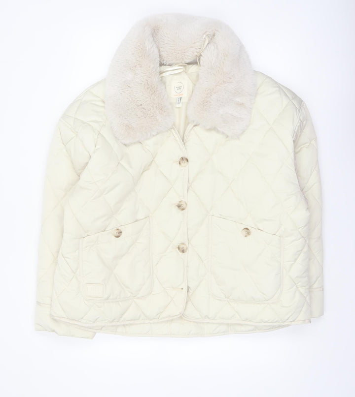 River Island Women Ivory Quilted Faux Fur Collar Jacket Size 14