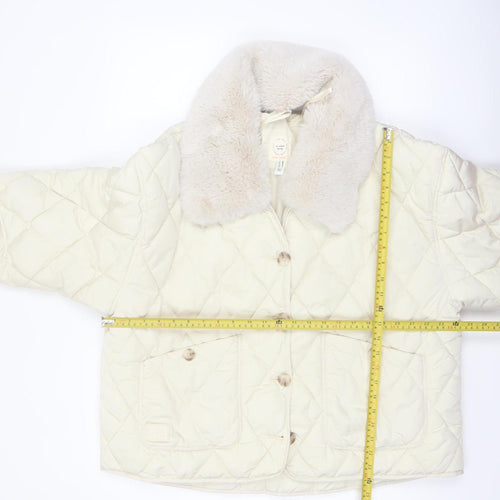 River Island Women Ivory Quilted Faux Fur Collar Jacket Size 14