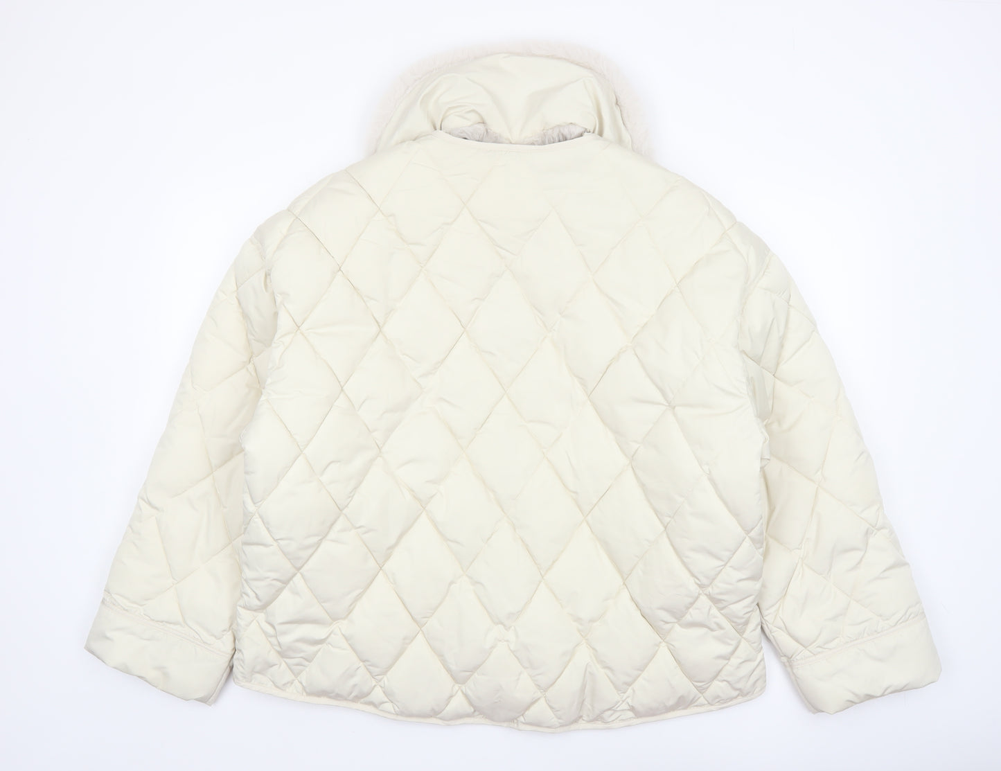 River Island Women Ivory Quilted Faux Fur Collar Jacket Size 14