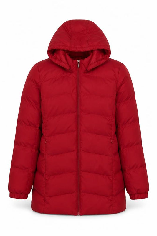 Front view of Bx Outerwear Women's Red Puffer Jacket L Hooded Quilted Coat
