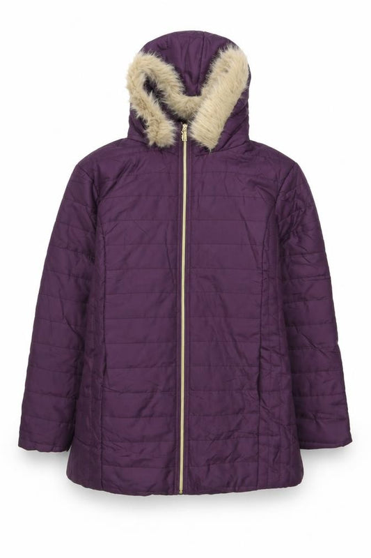 Front view of Nathalie Andersen Women’s Purple Faux Fur Hooded Puffer Coat L