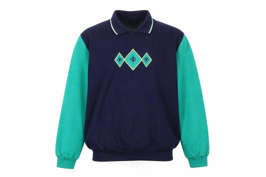 Front view of Cape Cod Sportswear Men's Blue Argyle Long Sleeve Polo L Retro