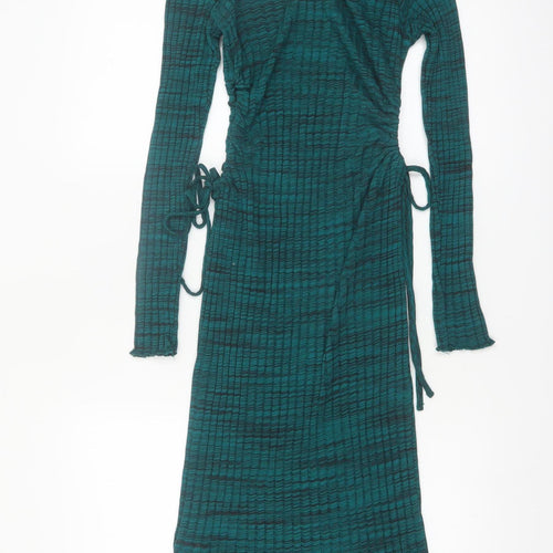 Zara Women's Green Knit Midi Bodycon Dress Size 12 Long Sleeve