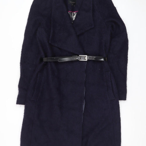Ted Baker Women's Navy Wool Blend Belted Overcoat Size 10