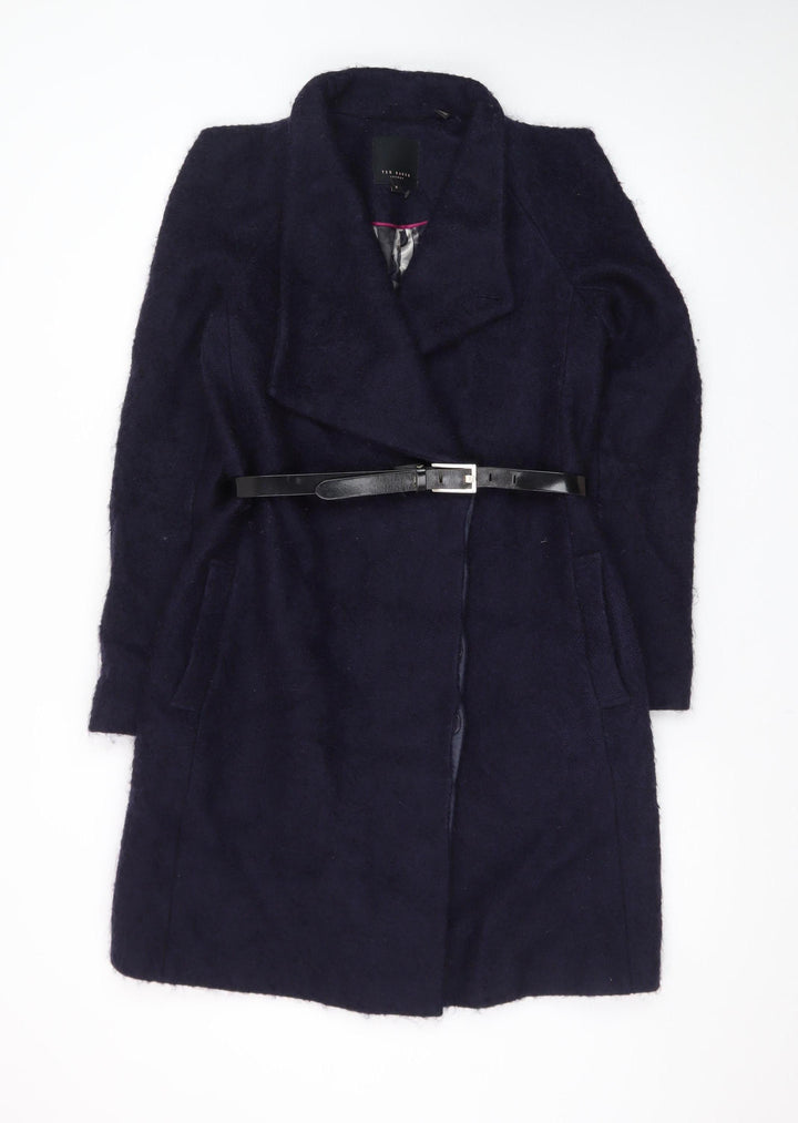 Ted Baker Women's Navy Wool Blend Belted Overcoat Size 10