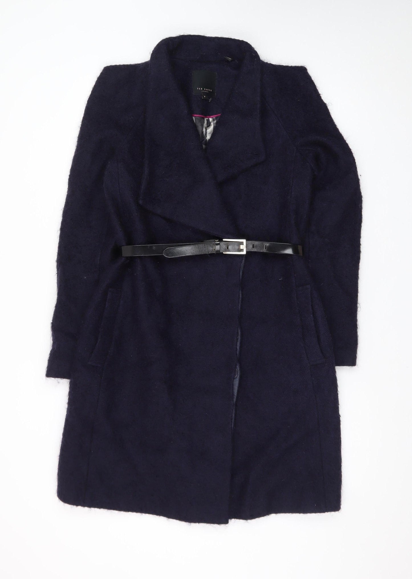 Ted Baker Women's Navy Wool Blend Belted Overcoat Size 10