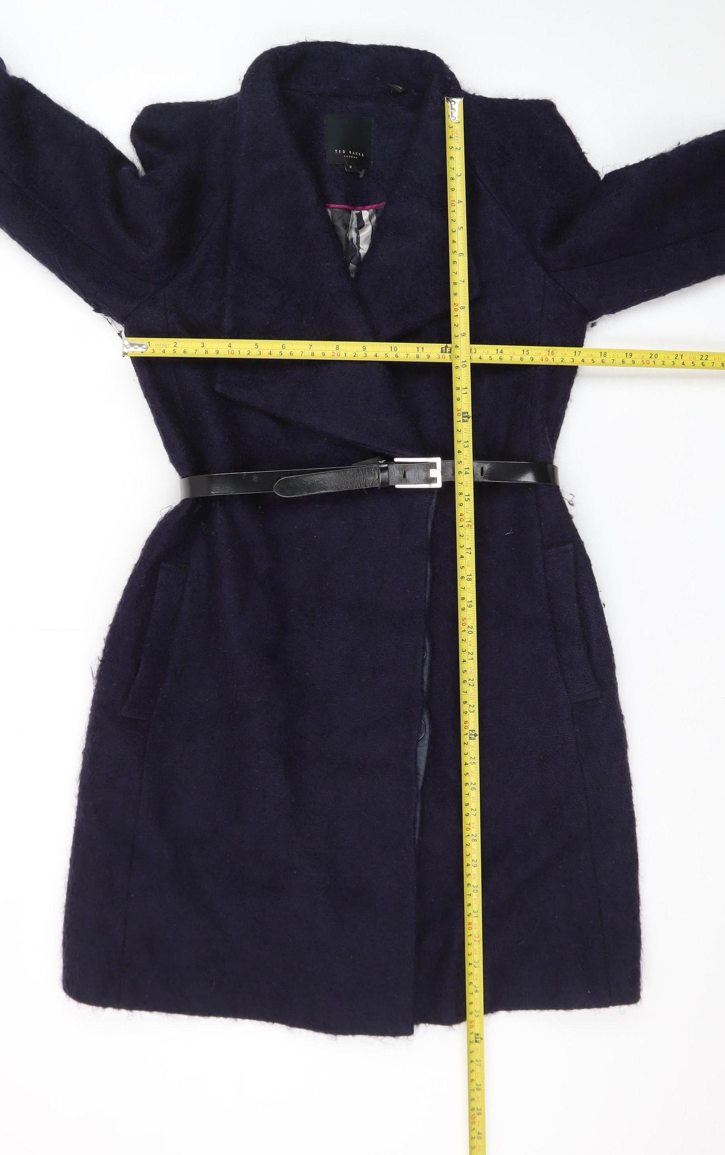 Ted Baker Women's Navy Wool Blend Belted Overcoat Size 10