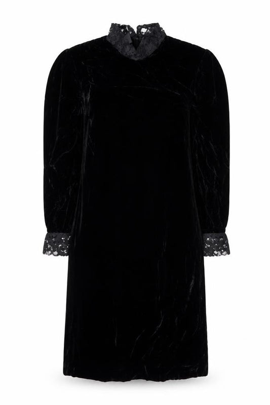 Front view of Baldanza Women’s Black Velvet Lace High Neck Formal Dress, size UK 8