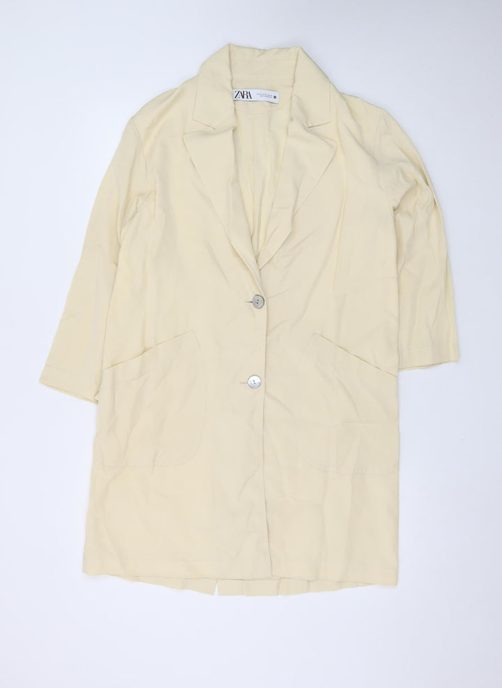 ZARA Women Beige Long Blazer XS Single Breasted Notch Lapel