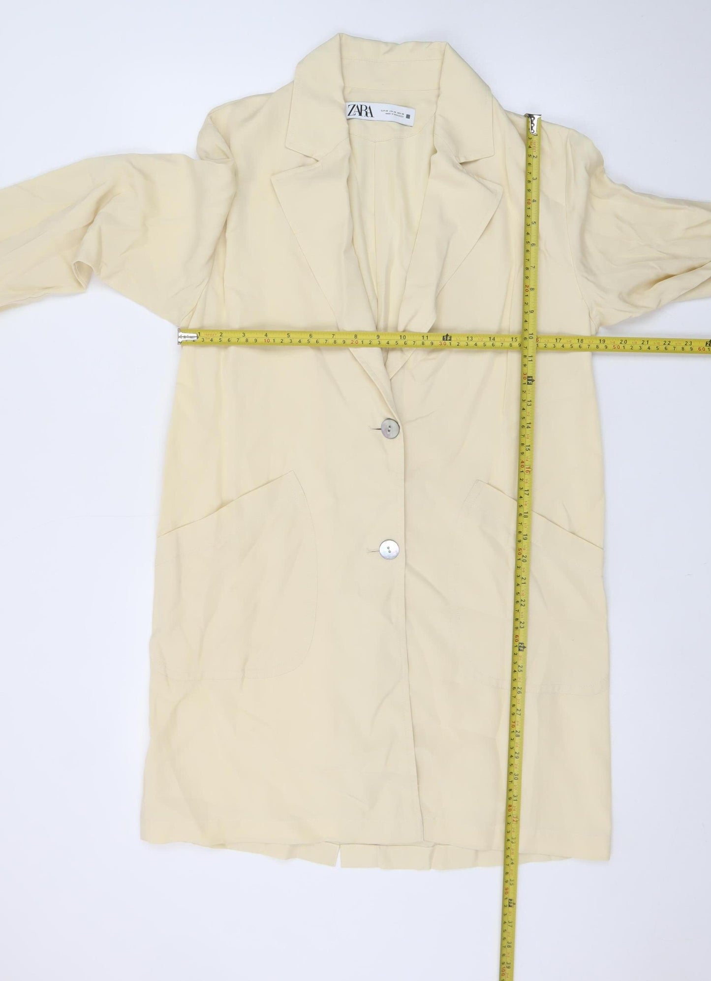 ZARA Women Beige Long Blazer XS Single Breasted Notch Lapel