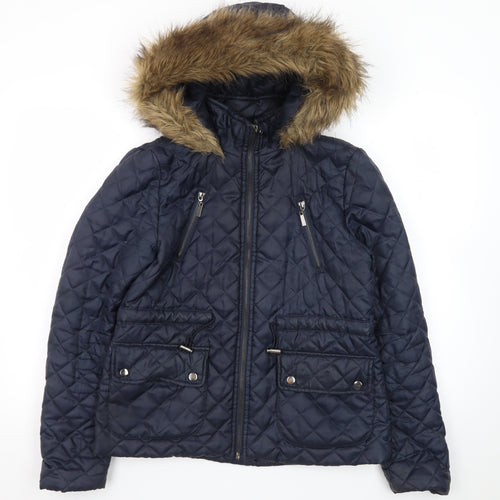 New Look Womens Blue Quilted Hooded Faux Fur Trim Jacket UK 12
